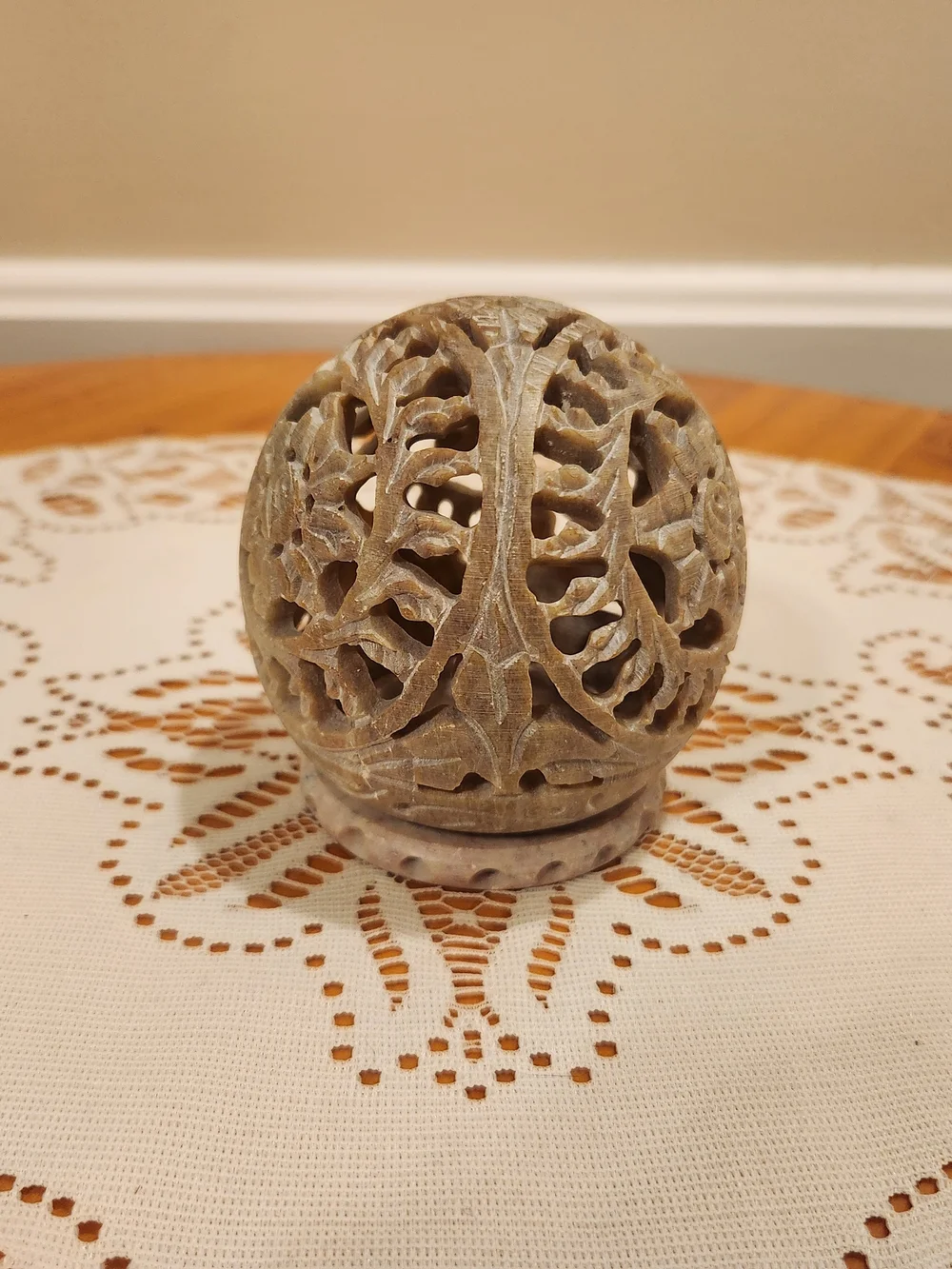 Handcrafted Carved Soapstone Tealight Holder With Floral Cutouts